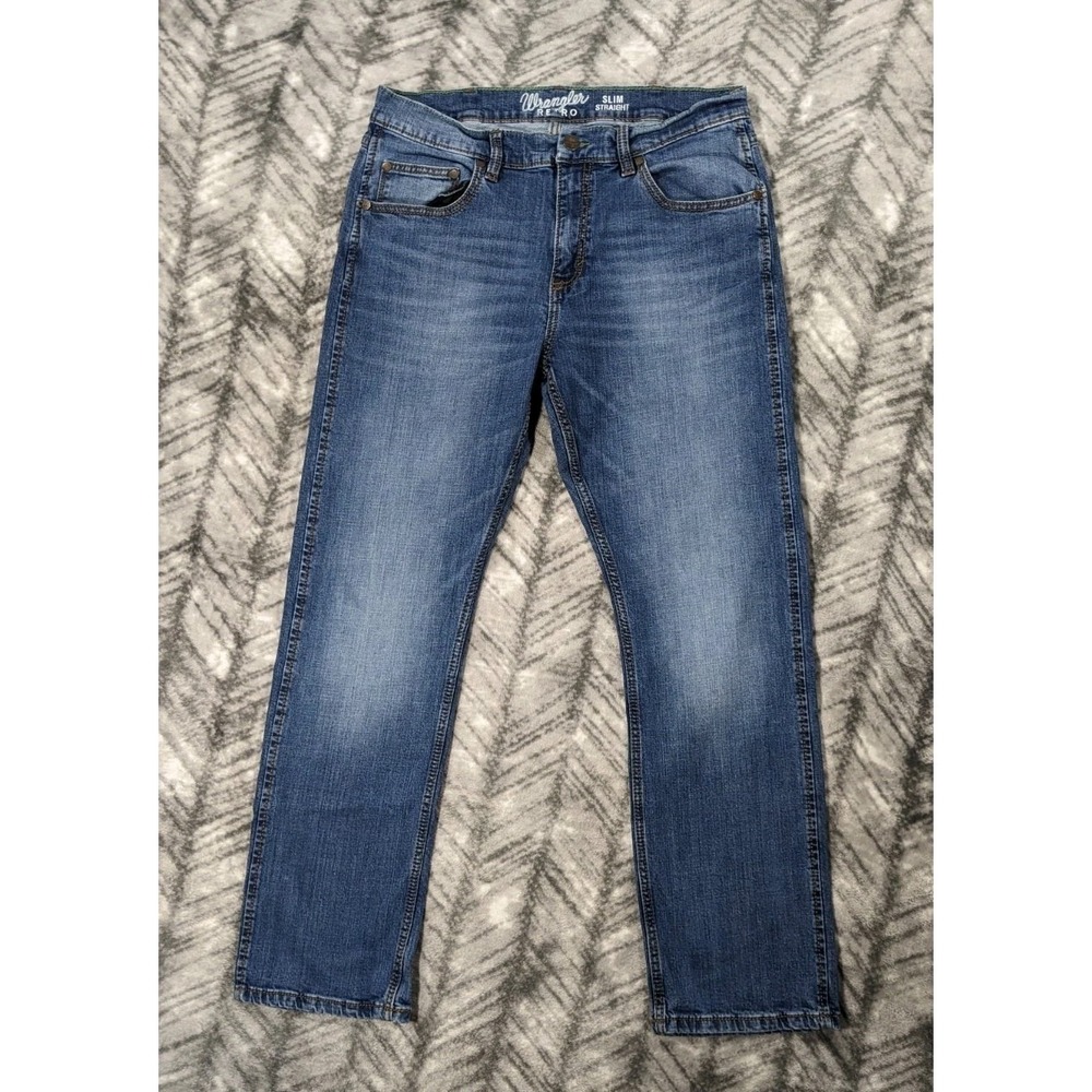 Wrangler Retro Slim Straight Jeans Western Cowboy Whisker Stone Chore Mens 34x31